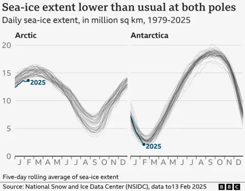 Two multiple line charts showing daily sea-ice extent for the Arctic on one side, and Antarctica on the other side. Each line is a year, with 2025 line breaking a record daily low for the Arctic for the time of year, and just shy of the 2023 record daily low for Antarctica.